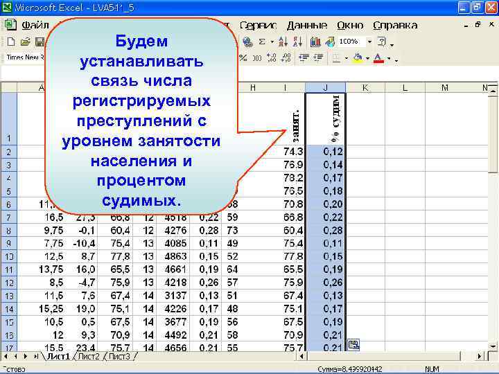 Будем устанавливать связь числа регистрируемых преступлений с уровнем занятости населения и процентом судимых. 