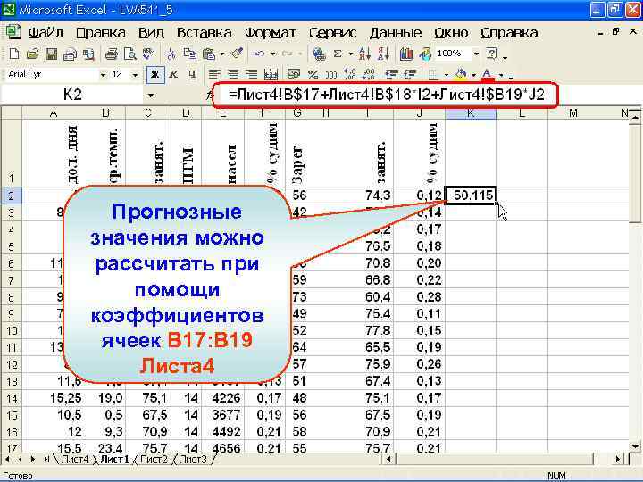 Прогнозные значения можно рассчитать при помощи коэффициентов ячеек B 17: B 19 Листа 4