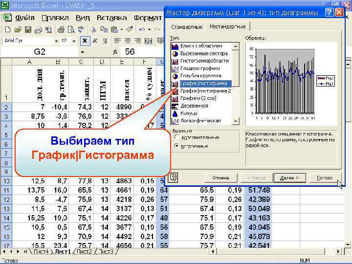 Выбираем тип График|Гистограмма 