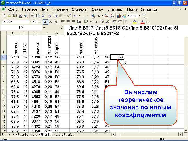 Вычислим теоретическое значение по новым коэффициентам 