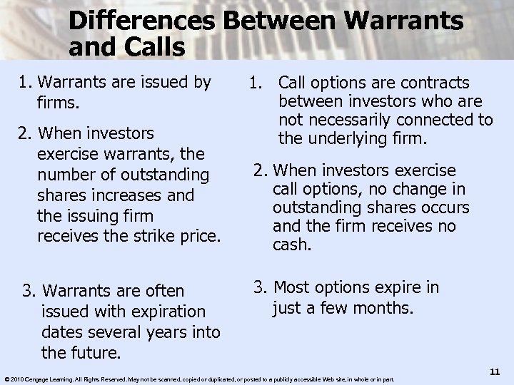 Differences Between Warrants and Calls 1. Warrants are issued by firms. 2. When investors