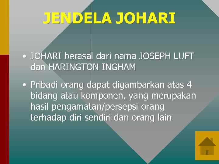 JENDELA JOHARI • JOHARI berasal dari nama JOSEPH LUFT dan HARINGTON INGHAM • Pribadi