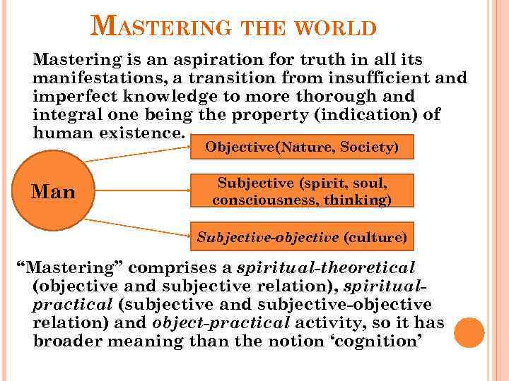 MASTERING THE WORLD Mastering is an aspiration for truth in all its manifestations, a