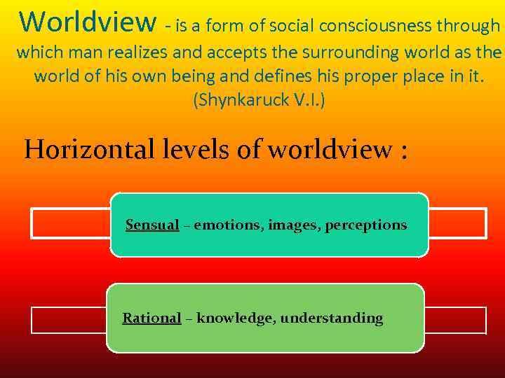 Worldview - is a form of social consciousness through which man realizes and accepts