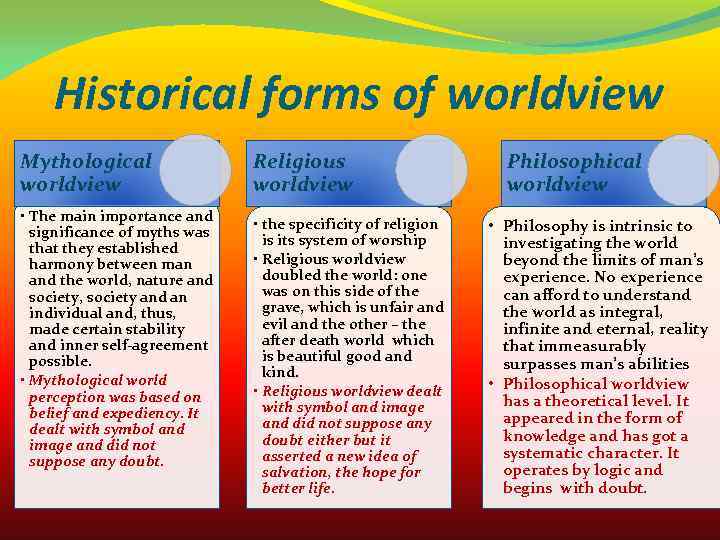 Historical forms of worldview Mythological worldview • The main importance and significance of myths