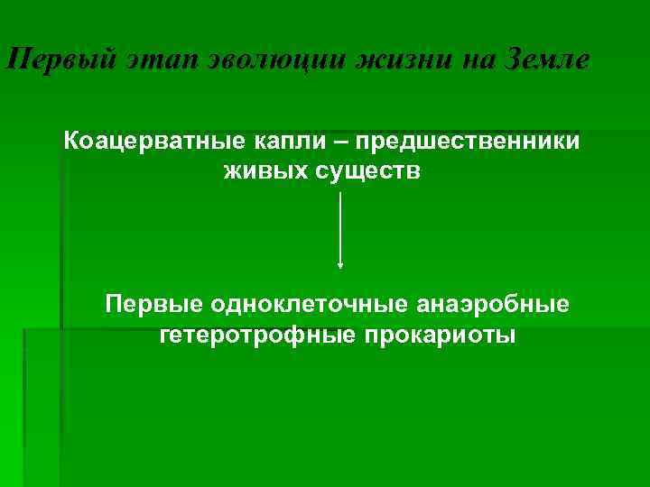 Первый этап эволюции жизни на Земле Коацерватные капли – предшественники живых существ Первые одноклеточные