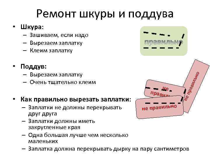 Ремонт шкуры и поддува • Шкура: – Зашиваем, если надо – Вырезаем заплатку –