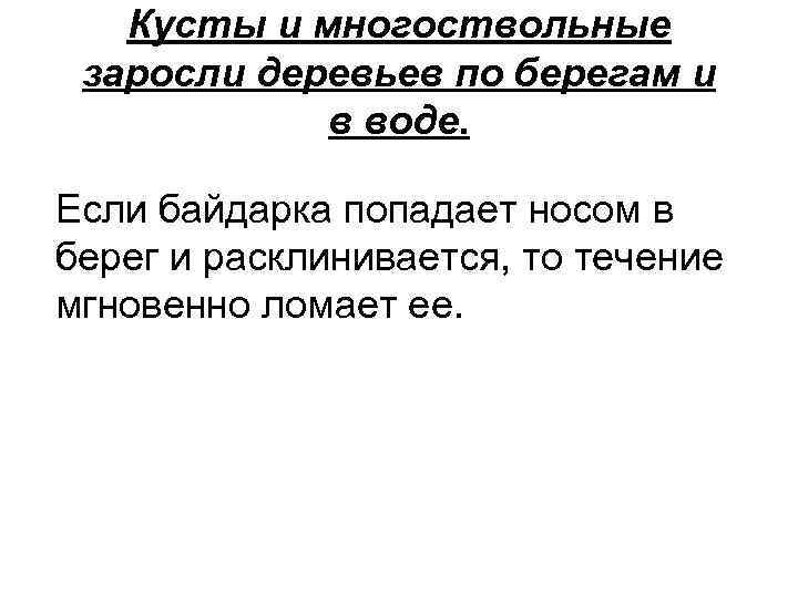 Кусты и многоствольные заросли деревьев по берегам и в воде. Если байдарка попадает носом