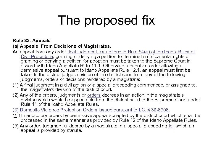 The proposed fix Rule 83. Appeals (a) Appeals From Decisions of Magistrates. An appeal