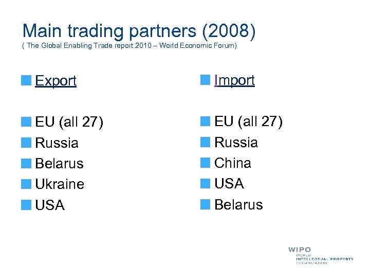 Main trading partners (2008) ( The Global Enabling Trade report 2010 – World Economic