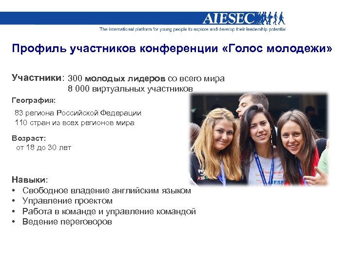 Профиль участников конференции «Голос молодежи» Участники: 00 молодых лидеров со всего мира 3 8