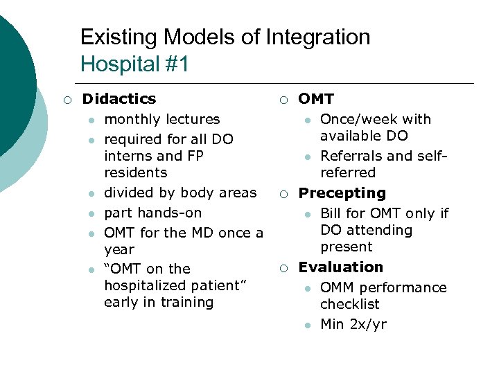 Existing Models of Integration Hospital #1 ¡ Didactics l monthly lectures l required for