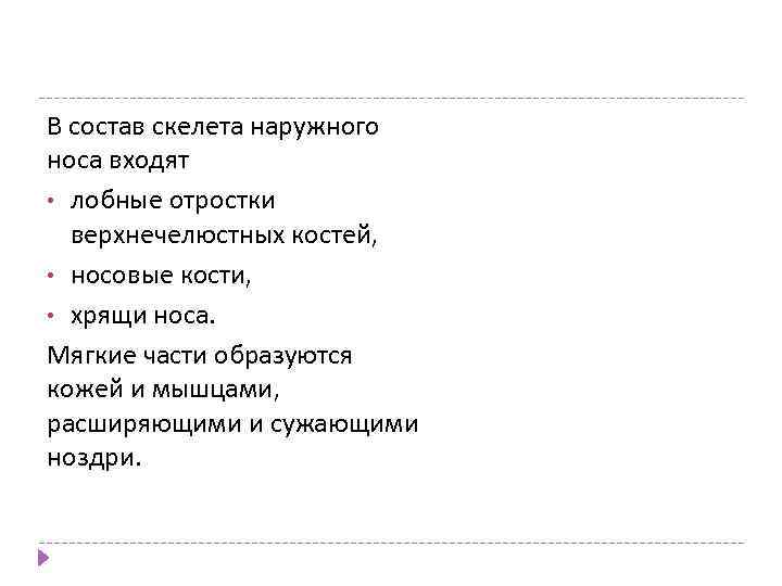 В состав скелета наружного носа входят • лобные отростки верхнечелюстных костей, • носовые кости,