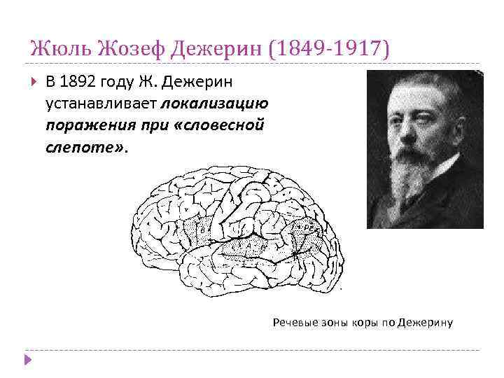 Жюль Жозеф Дежерин (1849 -1917) В 1892 году Ж. Дежерин устанавливает локализацию поражения при