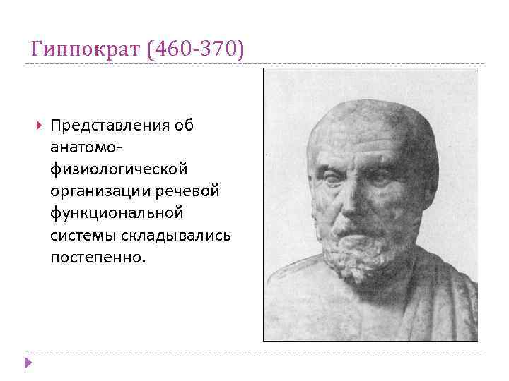 Гиппократ (460 -370) Представления об анатомофизиологической организации речевой функциональной системы складывались постепенно. 