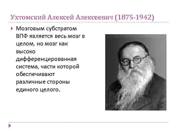 Ухтомский Алексеевич (1875 -1942) Мозговым субстратом ВПФ является весь мозг в целом, но мозг