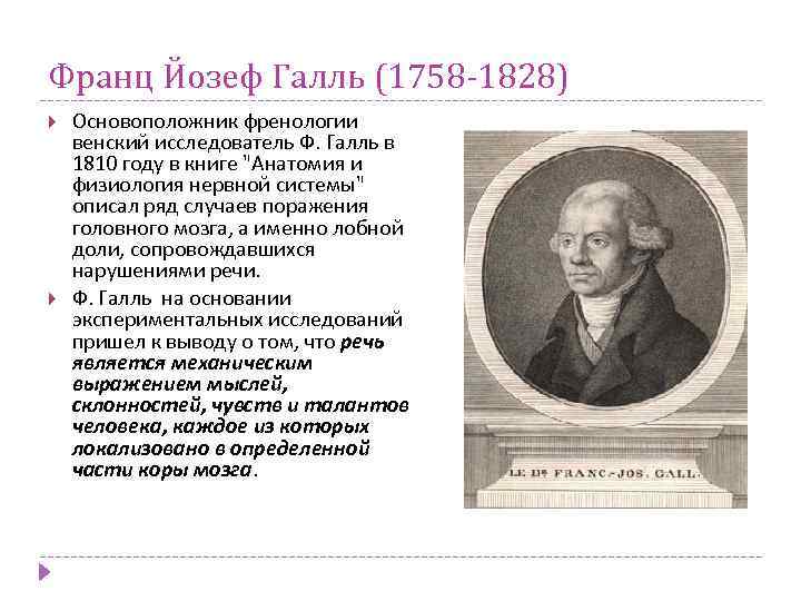 Франц Йозеф Галль (1758 -1828) Основоположник френологии венский исследователь Ф. Галль в 1810 году