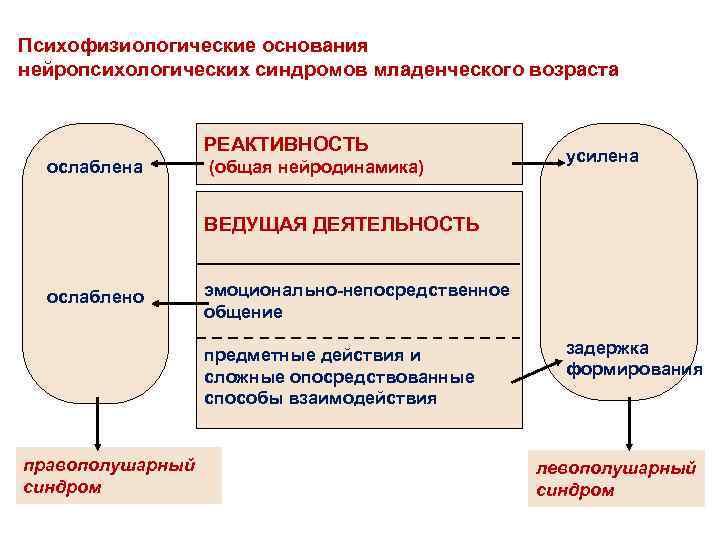 Психофизиологические основания нейропсихологических синдромов младенческого возраста РЕАКТИВНОСТЬ ослаблена (общая нейродинамика) усилена ВЕДУЩАЯ ДЕЯТЕЛЬНОСТЬ ослаблено