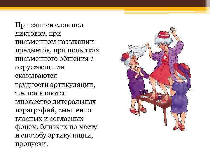 При записи слов под диктовку, при письменном назывании предметов, при попытках письменного общения с