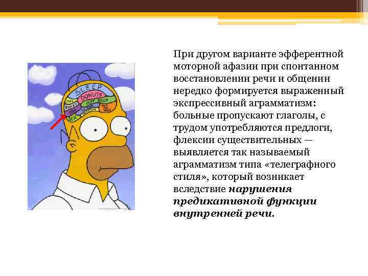 При другом варианте эфферентной моторной афазии при спонтанном восстановлении речи и общении нередко формируется