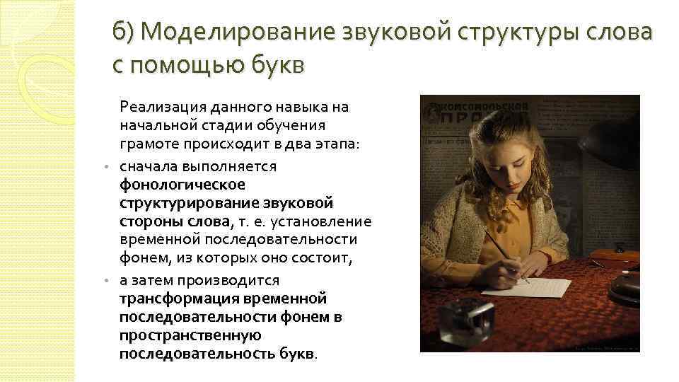 б) Моделирование звуковой структуры слова с помощью букв Реализация данного навыка на начальной стадии