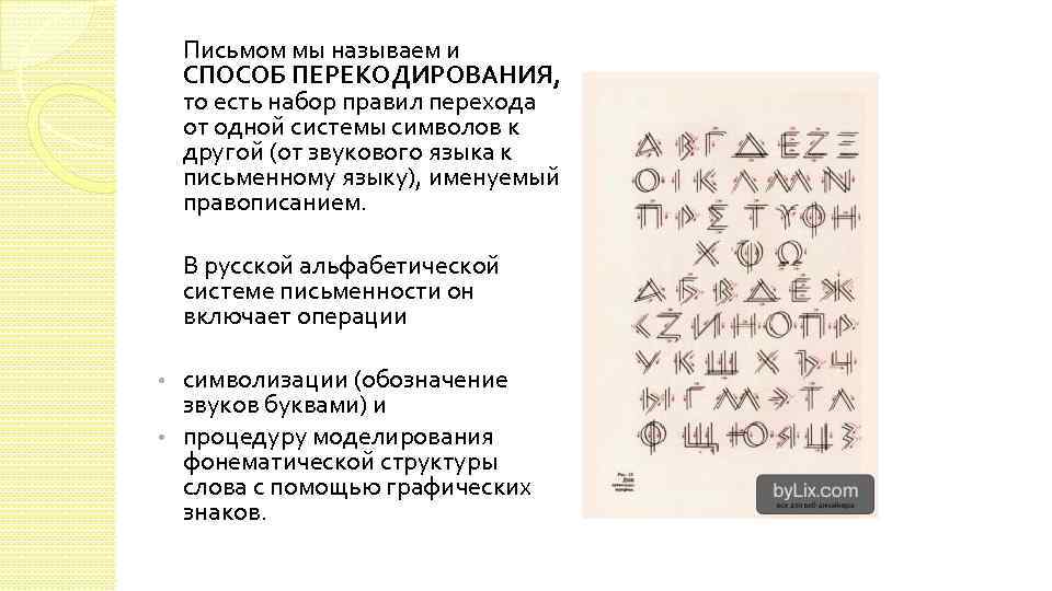 Письмом мы называем и СПОСОБ ПЕРЕКОДИРОВАНИЯ, то есть набор правил перехода от одной системы