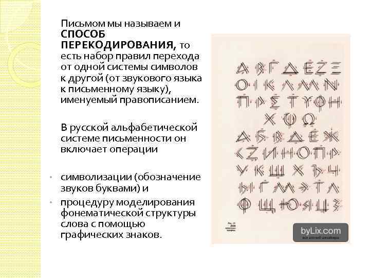 Письмом мы называем и СПОСОБ ПЕРЕКОДИРОВАНИЯ, то есть набор правил перехода от одной системы