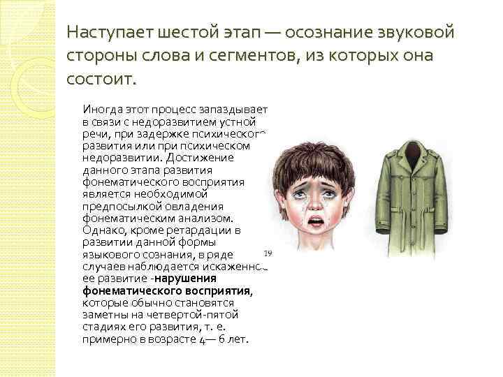 Наступает шестой этап — осознание звуковой стороны слова и сегментов, из которых она состоит.