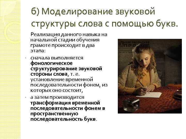 б) Моделирование звуковой структуры слова с помощью букв. Реализация данного навыка на начальной стадии