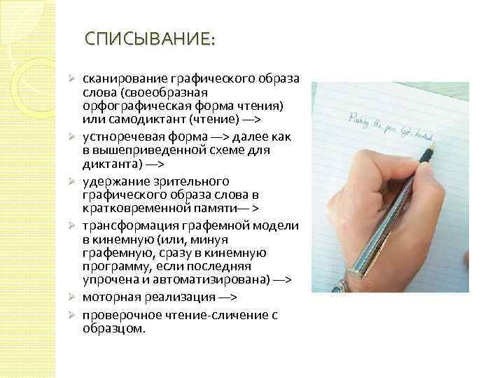 СПИСЫВАНИЕ: Ø Ø Ø сканирование графического образа слова (своеобразная орфографическая форма чтения) или самодиктант
