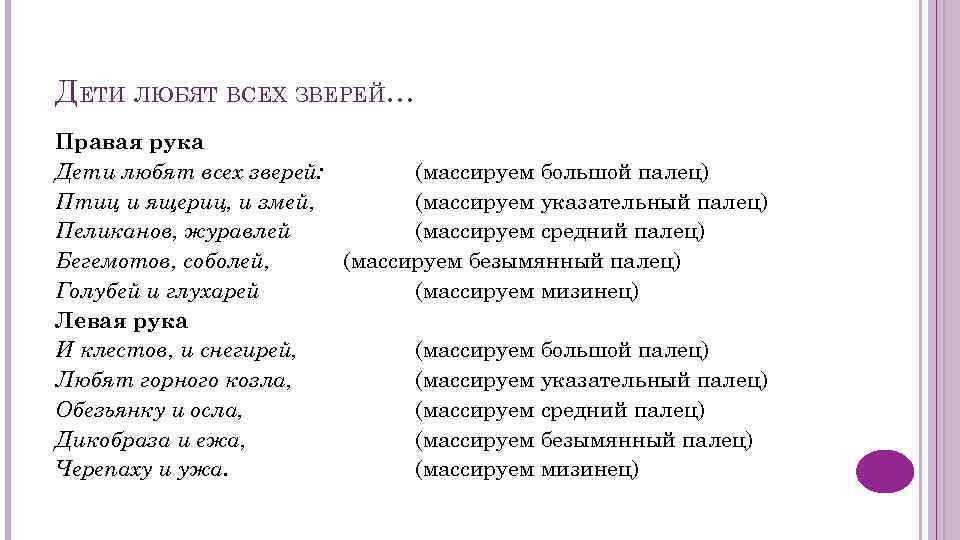 ДЕТИ ЛЮБЯТ ВСЕХ ЗВЕРЕЙ… Правая рука Дети любят всех зверей: (массируем большой палец) Птиц