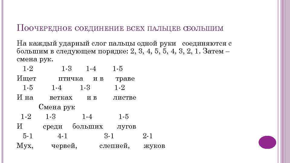 ПООЧЕРЕДНОЕ СОЕДИНЕНИЕ ВСЕХ ПАЛЬЦЕВ СБОЛЬШИМ На каждый ударный слог пальцы одной руки соединяются с