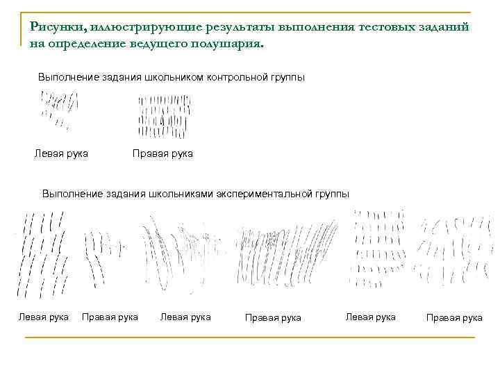 Рисунки, иллюстрирующие результаты выполнения тестовых заданий на определение ведущего полушария. Выполнение задания школьником контрольной