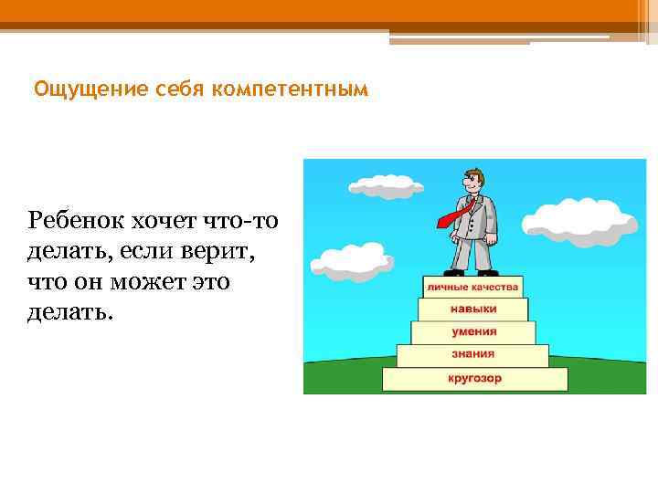 Ощущение себя компетентным Ребенок хочет что-то делать, если верит, что он может это делать.