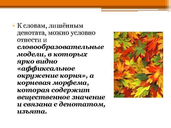  • К словам, лишённым денотата, можно условно отнести и словообразовательные модели, в которых