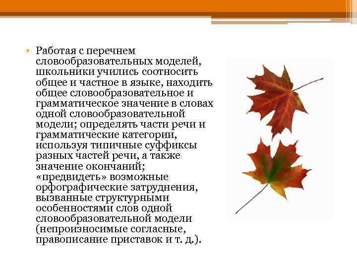  • Работая с перечнем словообразовательных моделей, школьники учились соотносить общее и частное в