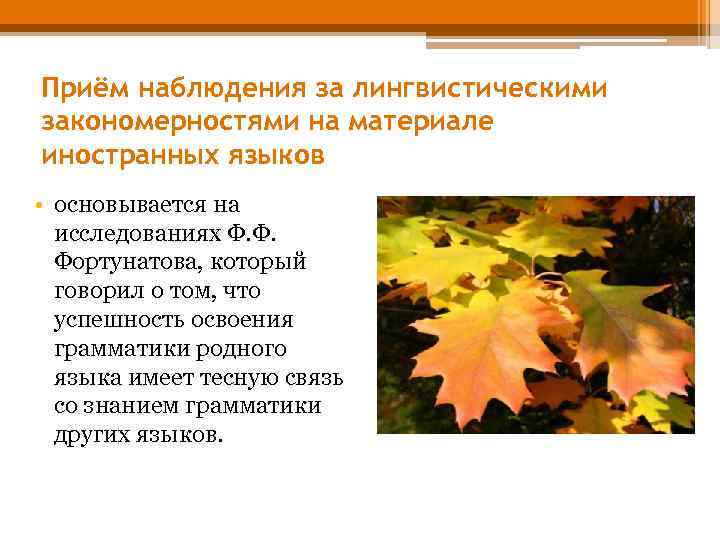Приём наблюдения за лингвистическими закономерностями на материале иностранных языков • основывается на исследованиях Ф.
