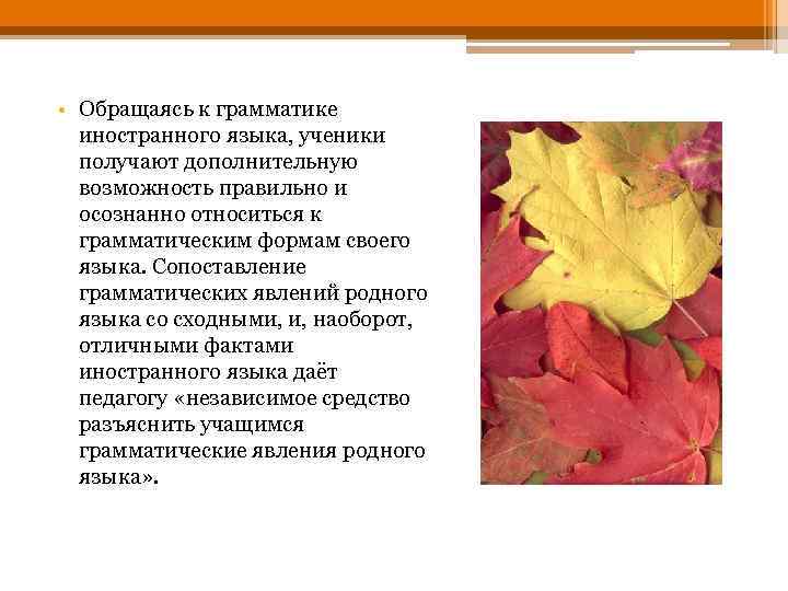  • Обращаясь к грамматике иностранного языка, ученики получают дополнительную возможность правильно и осознанно