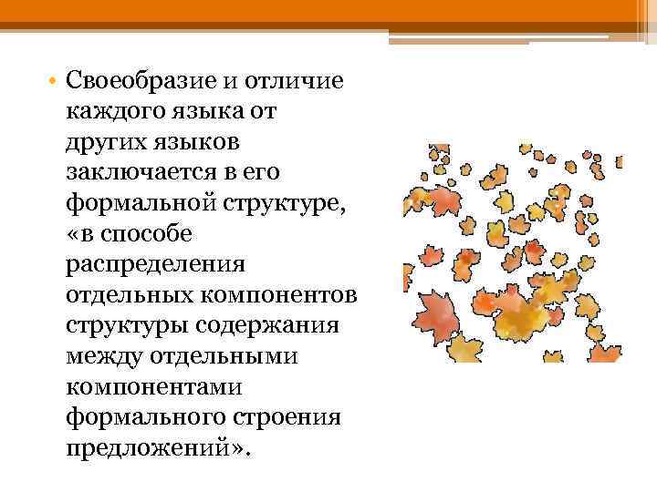  • Своеобразие и отличие каждого языка от других языков заключается в его формальной