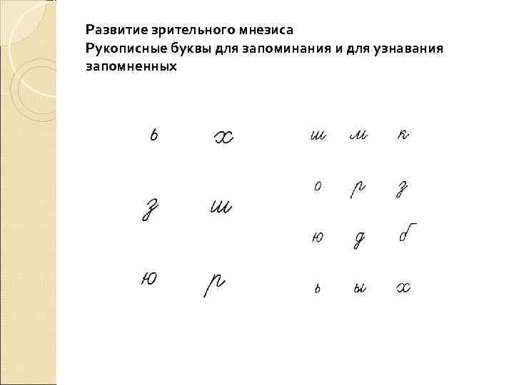 Развитие зрительного мнезиса Рукописные буквы для запоминания и для узнавания запомненных 