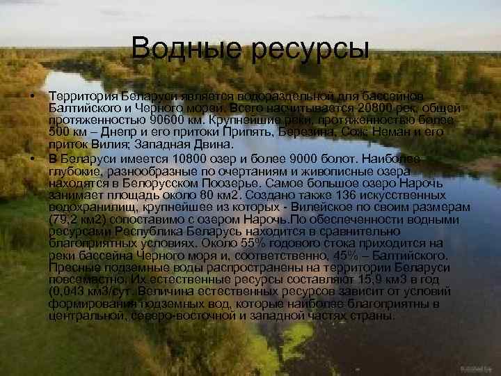 Водные ресурсы • • Территория Беларуси является водораздельной для бассейнов Балтийского и Черного морей.