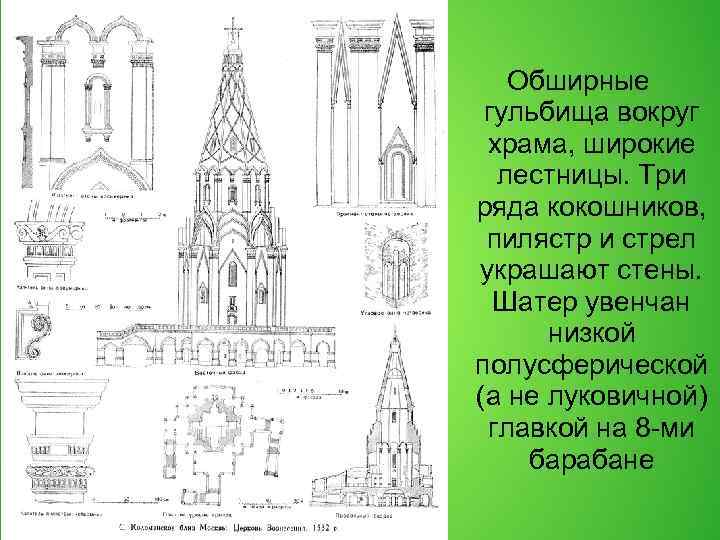 Обширные гульбища вокруг храма, широкие лестницы. Три ряда кокошников, пилястр и стрел украшают стены.