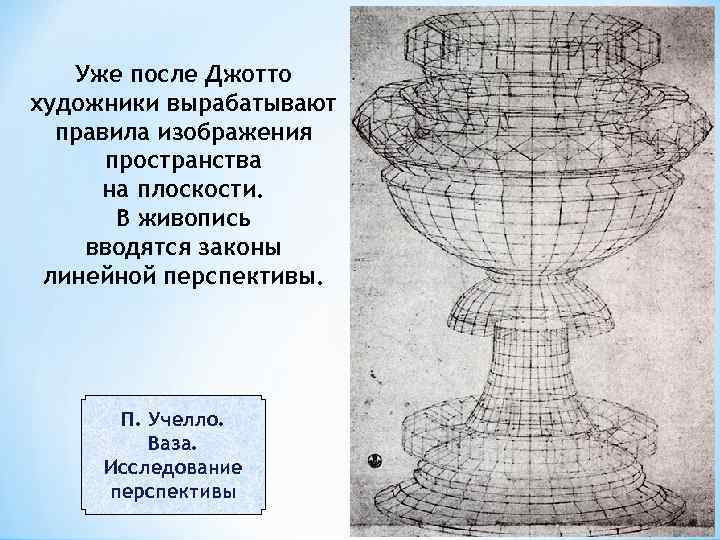 Уже после Джотто художники вырабатывают правила изображения пространства на плоскости. В живопись вводятся законы