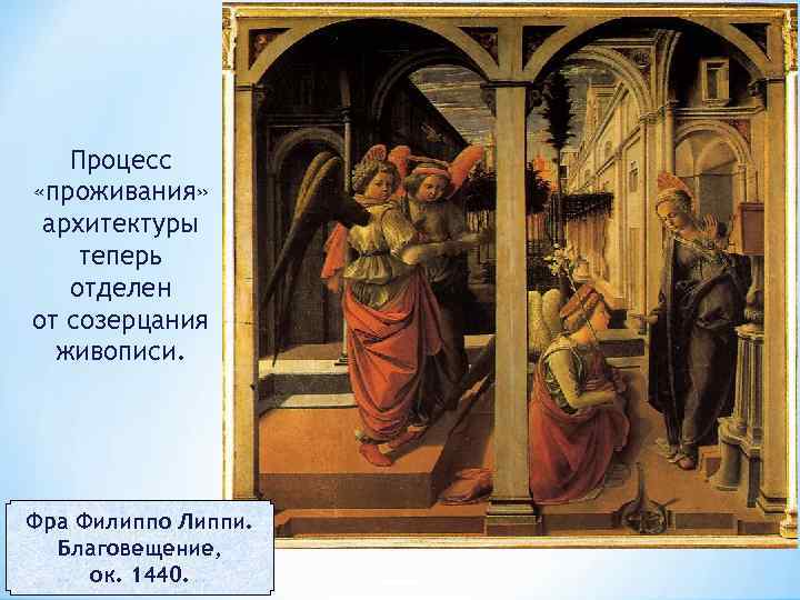 Процесс «проживания» архитектуры теперь отделен от созерцания живописи. Фра Филиппо Липпи. Благовещение, ок. 1440.