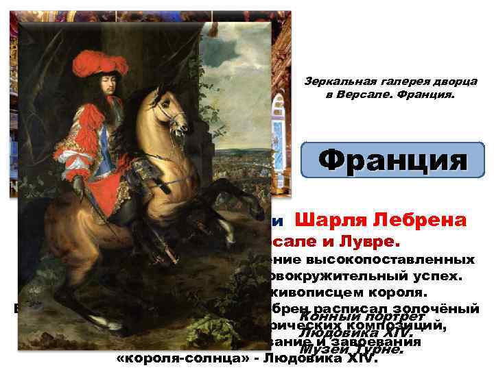 Зеркальная галерея дворца в Версале. Франция Декоративные композиции Шарля Лебрена (1619— 1690) в Версале