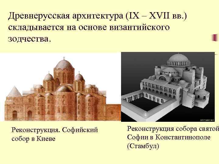 Древнерусская архитектура (IX – XVII вв. ) складывается на основе византийского зодчества. Реконструкция. Софийский