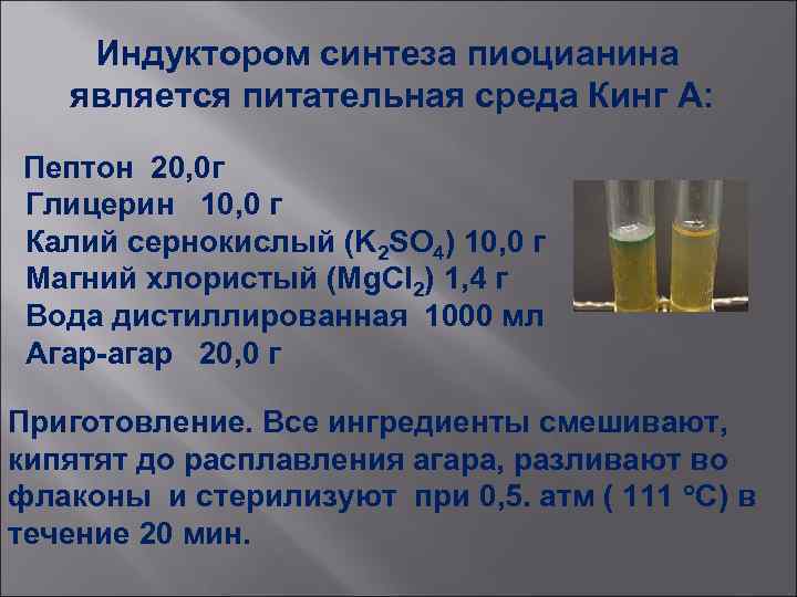 Индуктором синтеза пиоцианина является питательная среда Кинг А: Пептон 20, 0 г Глицерин 10,