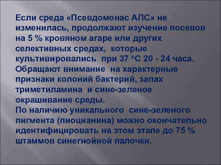 Если среда «Псевдомонас АПС» не изменилась, продолжают изучение посевов на 5 % кровяном агаре