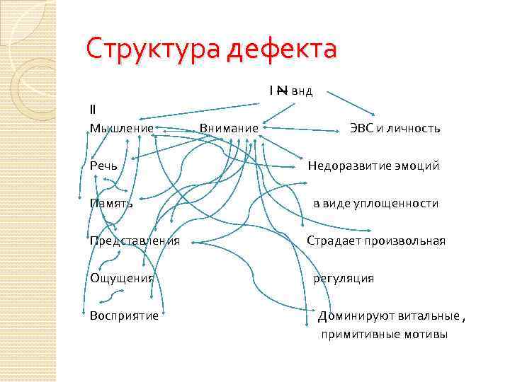 Структура дефекта I N внд II Мышление Внимание ЭВС и личность Речь Недоразвитие эмоций