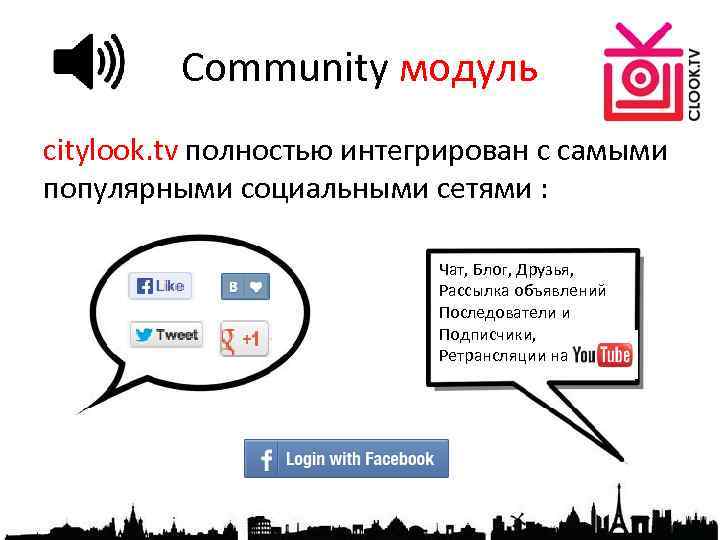 Community модуль citylook. tv полностью интегрирован с самыми популярными социальными сетями : Чат, Блог,